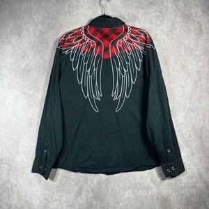 Clench Shirt Mens Size XL Black Red Plaid Angel Wings Western Button Up Cowboy